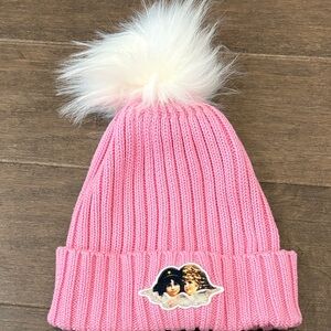 Fiorucci Pink Beanie with White Fluffy Pom-Pom